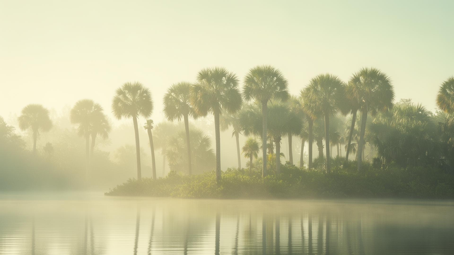 Misty Florida palms reflected over calm water at dawn